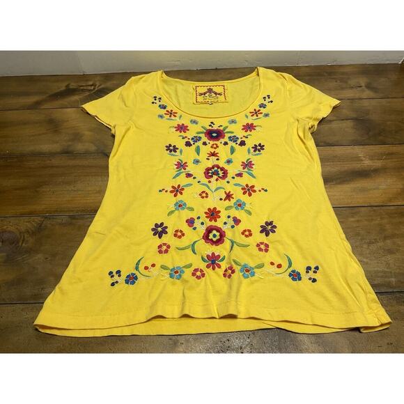 Johnny Was Yellow Floral Embroidered Short Sleeve Top Size Large Boho - Picture 1 of 11